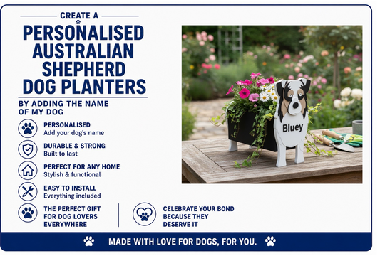 Advertisement for personalized Australian Shepherd dog planters with a photo of a planter and dog in a garden
