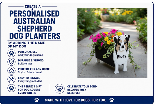 Advertisement for personalized Australian Shepherd dog planters with a photo of a planter and dog statue.