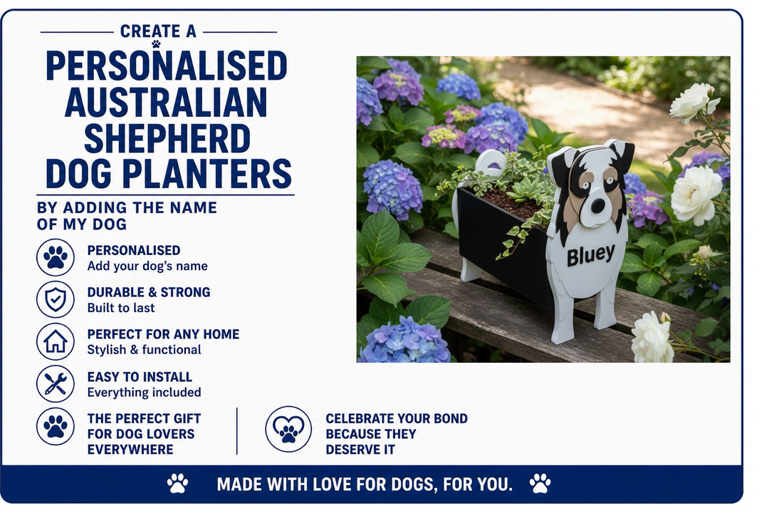 Personalised Australian Shepherd dog planters with a dog's name on a garden background