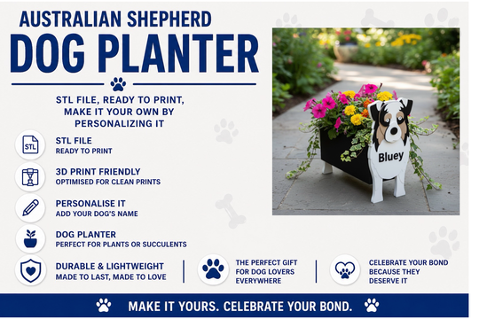 Dog planter with Australian Shepherd design and promotional text on a white background
