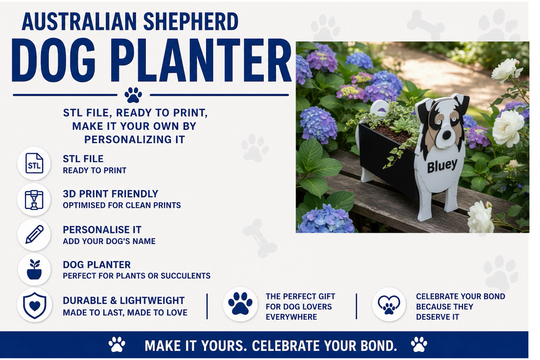 Dog planter with 'Bluey' branding in a garden setting, featuring text about customizable and durable dog planters.