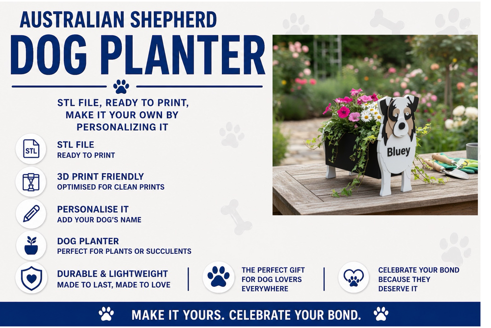 Australian Shepherd dog planter with promotional text and a sample planter on a table outdoors.
