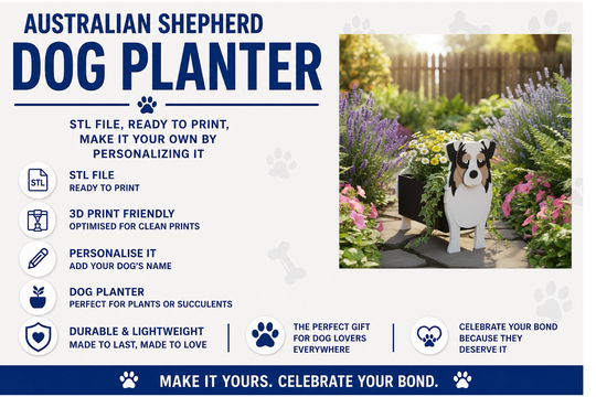 Australian Shepherd dog planter with promotional text and a photo of the product in a garden setting.