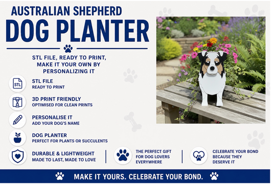Australian Shepherd dog planter with promotional text on a white background