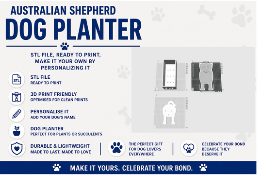 Dog planter packaging with text and images of a dog and plant on a white background.