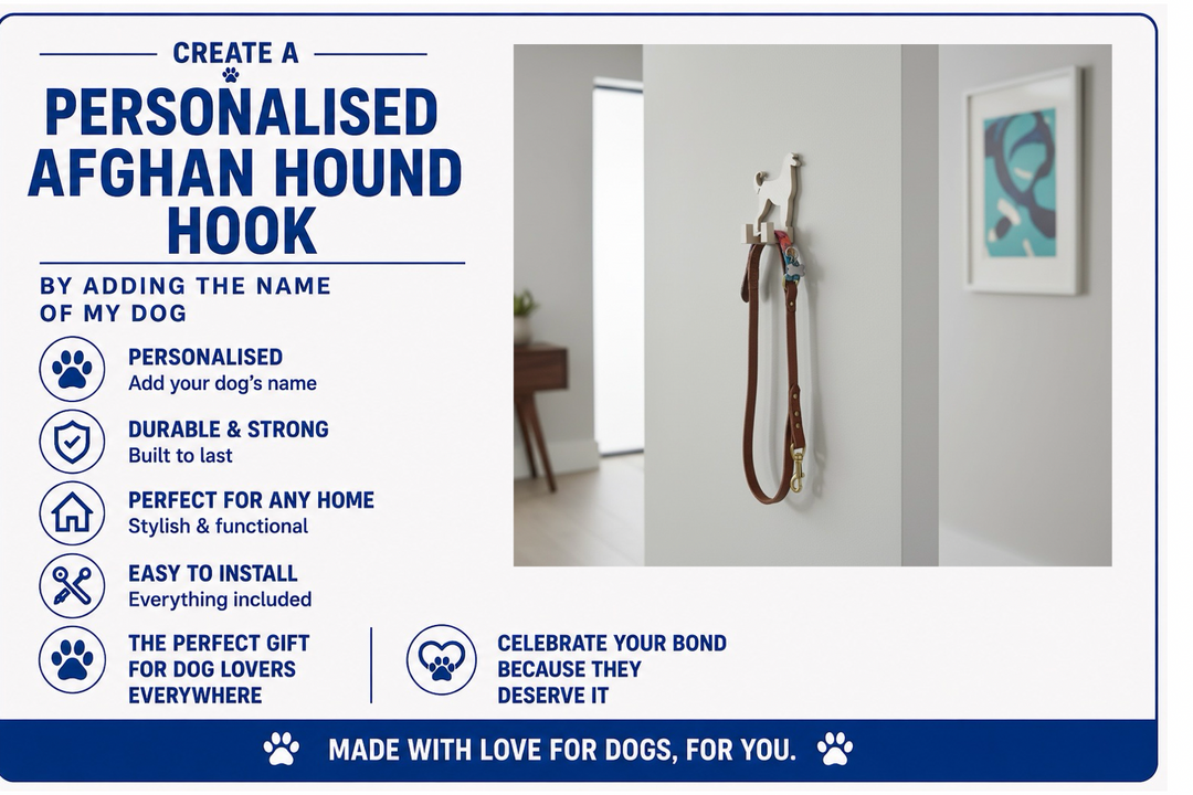 I Advertisement for a personalized Afghan Hound hook with product features and benefits.