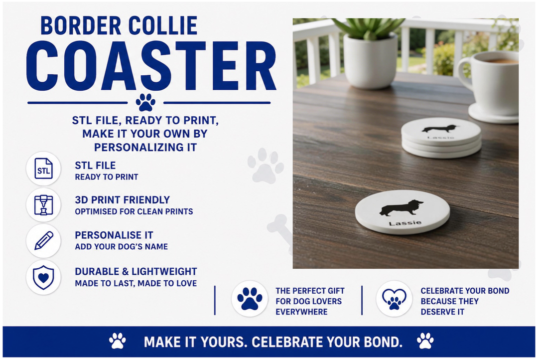 Advertisement for Border Collie coasters with product details and a sample coaster on a table.