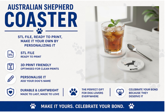 Coaster with dog design on a table with a drink, promotional text for Australian Shepherd coaster.
