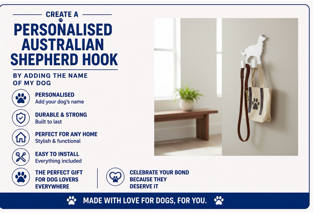 Personalized Australian Shepherd hook with dog leash and bag on a wall, featuring text about customization and benefits.