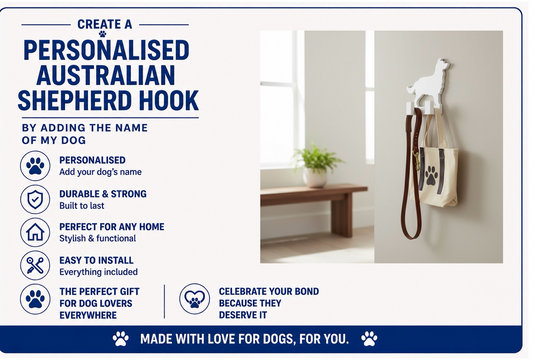 Personalized Australian Shepherd hook with dog leash and bag on a wall, featuring text about customization and benefits.