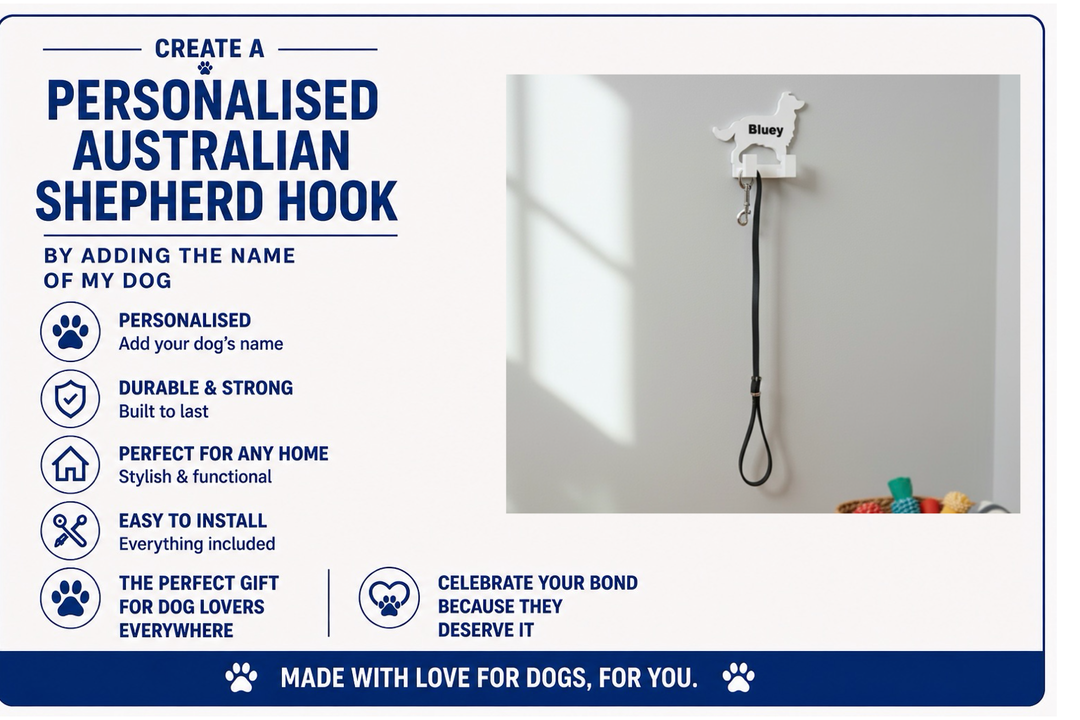 Personalized Australian Shepherd hook with dog name on a gray wall.