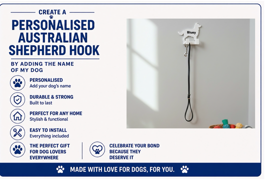Personalized Australian Shepherd hook with dog name on a gray wall.