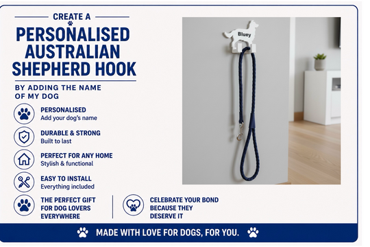 Personalized Australian Shepherd hook with a leash on a wall, featuring text about customization and features.