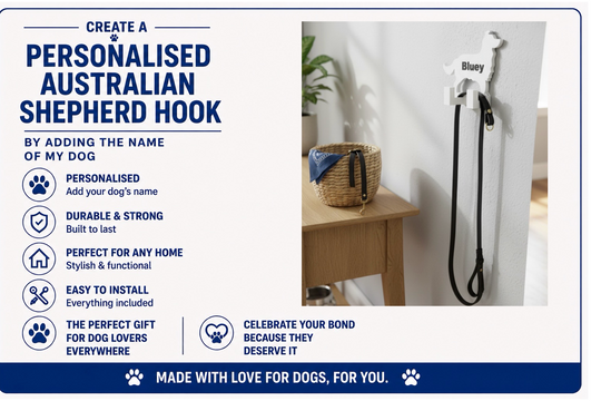 Personalized Australian Shepherd hook with dog leash on a white wall, featuring text about product features.