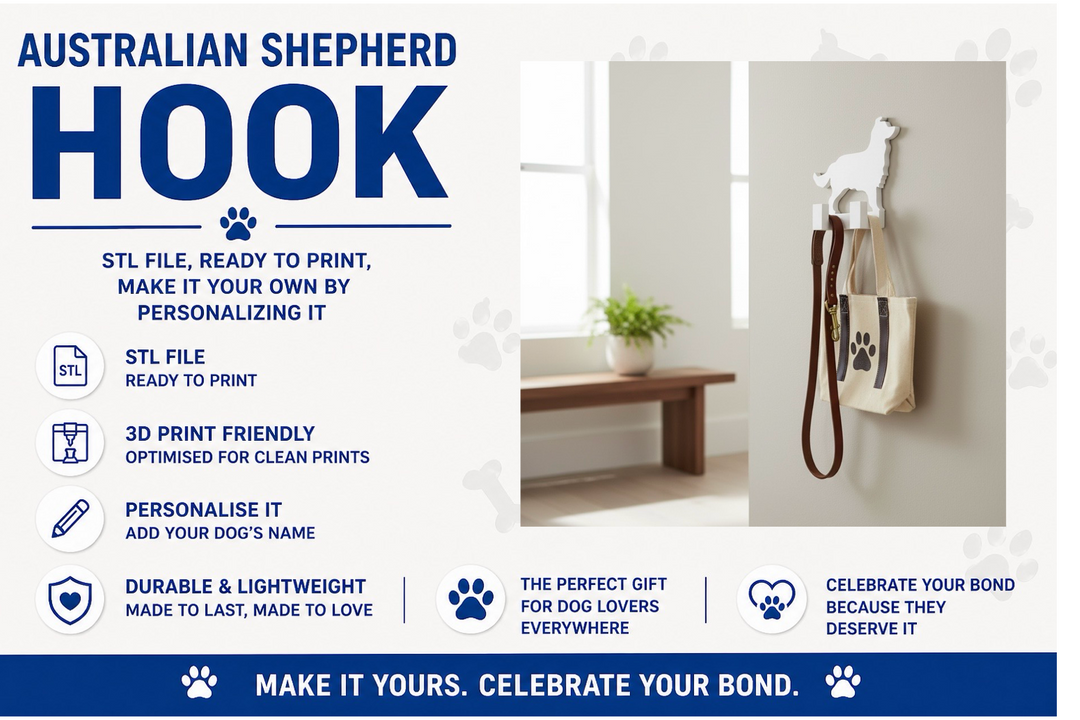 Australian Shepherd hook with product details and usage example on a white background
