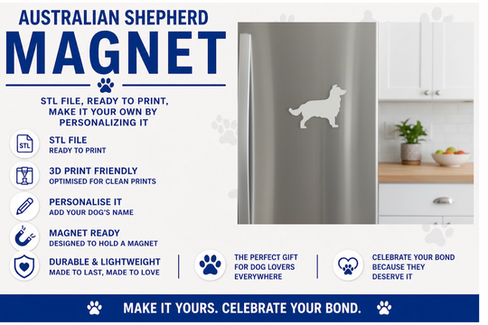 Australian Shepherd dog magnet design on a refrigerator with product details.