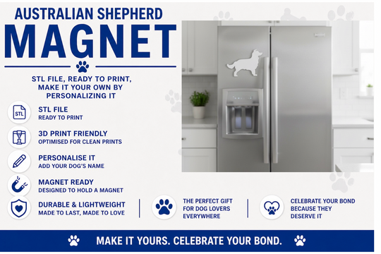 Australian Shepherd dog magnet on a refrigerator with product details on a white background