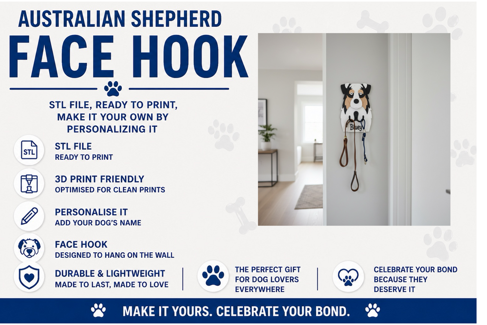 Australian Shepherd face hook with product details on a white background