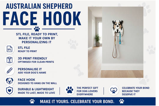 Australian Shepherd face hook with product details on a white background