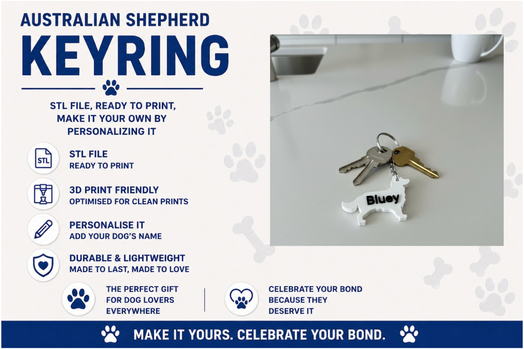 Australian Shepherd keyring with 'Bluey' on a white surface, featuring text about the product.