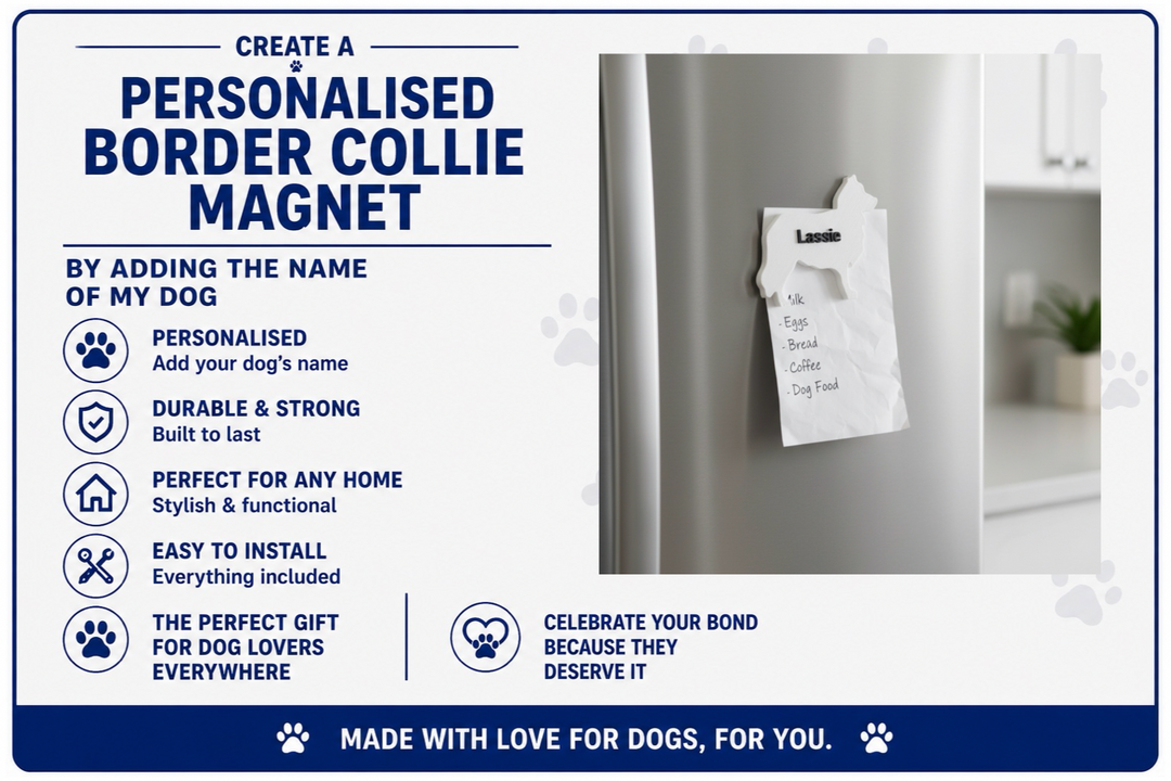 Advertisement for a personalized border collie magnet with a refrigerator magnet on a white background.