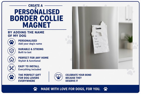 Advertisement for a personalized border collie magnet with a refrigerator magnet on a white background.