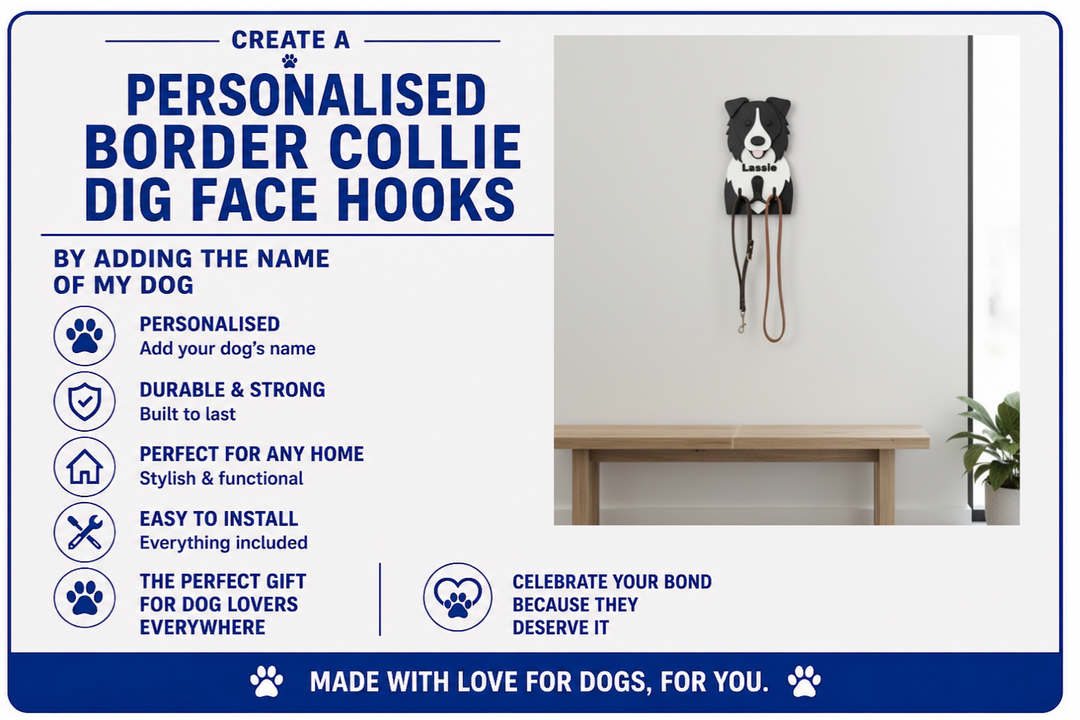 Advertisement for personalized Border Collie dog face hooks with product features listed.