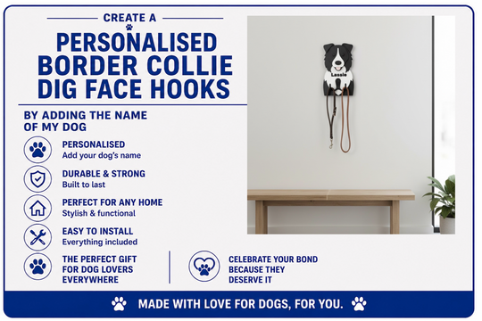 Advertisement for personalized Border Collie dog face hooks with product features listed.