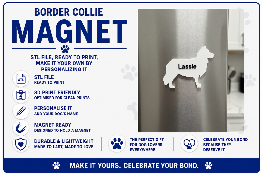 Advertisement for a Border Collie magnet with product details on a white background