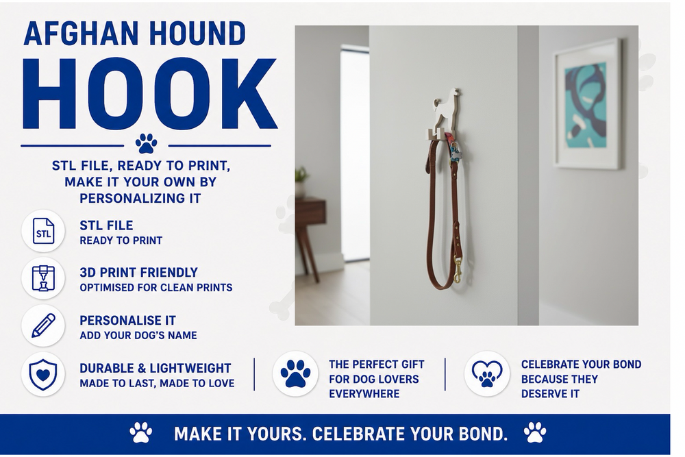 Advertisement for Afghan Hound Hook with text and a photo of a hook on a wall.