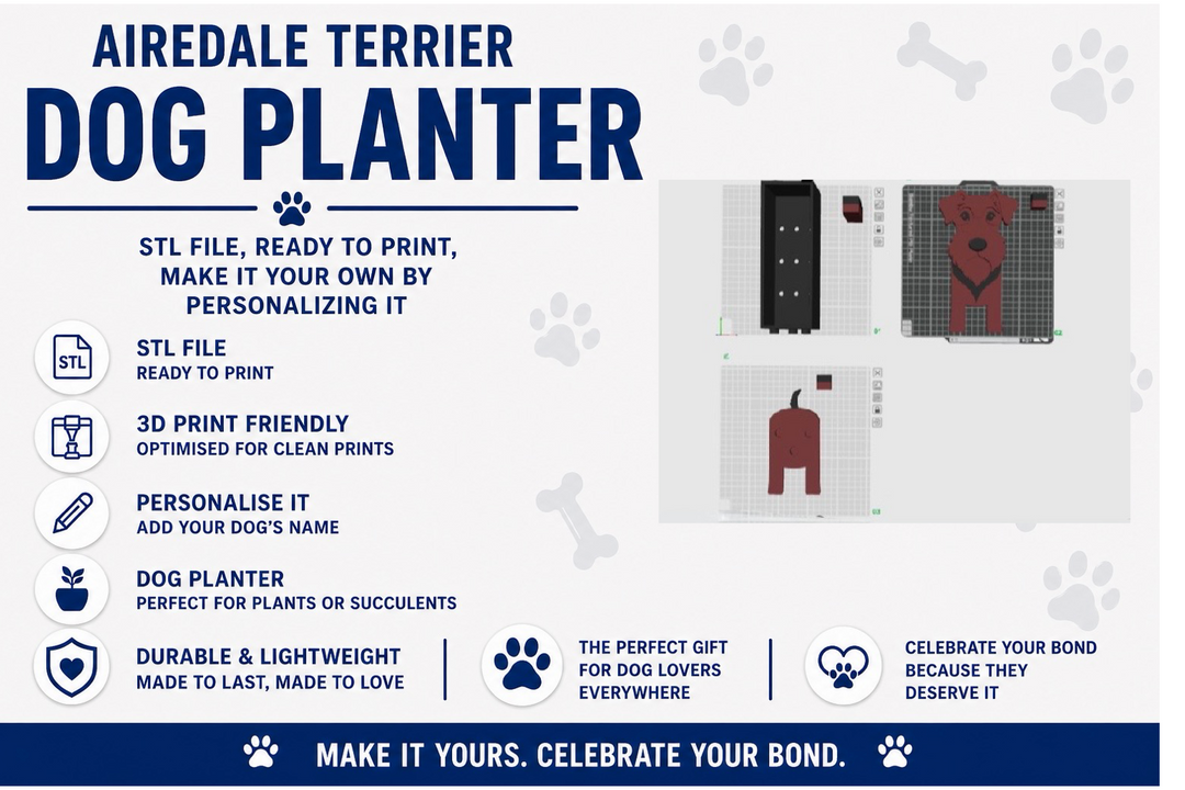 Airedale Terrier dog planter product description with STL file details on a white background.
