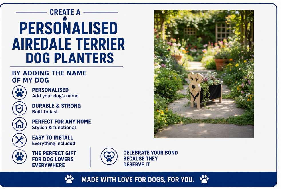 Advertisement for personalized Airedale Terrier dog planters with a photo of a dog in a garden.