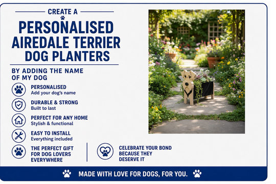 Advertisement for personalized Airedale Terrier dog planters with a photo of a dog in a garden.