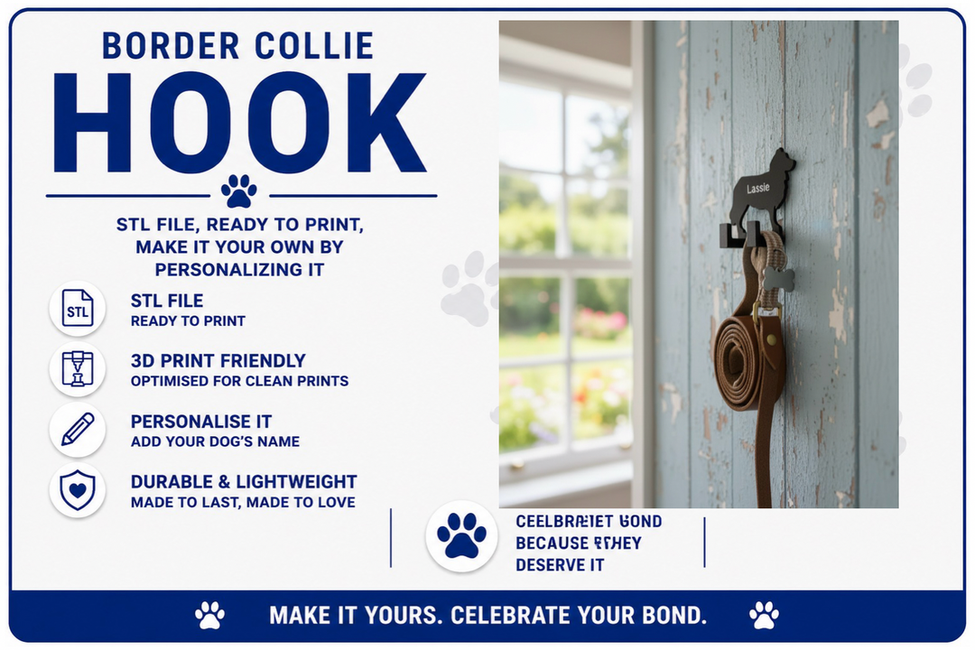 Advertisement for a Border Collie hook with text and a product image on a blue border.