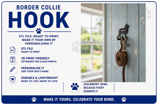 Advertisement for a Border Collie hook with text and a product image on a blue border.