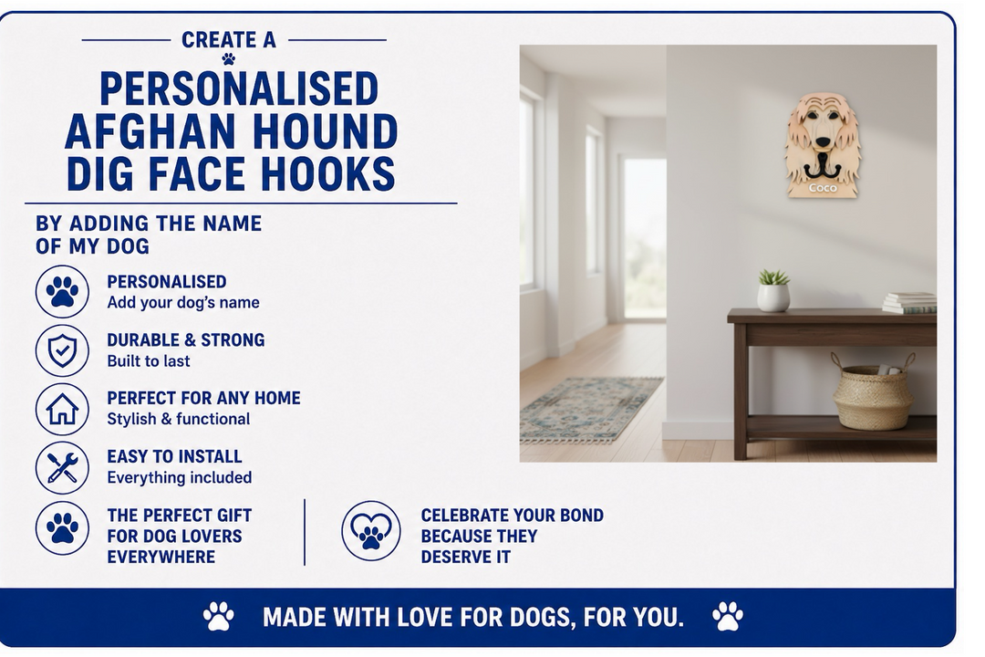 Advertisement for personalized Afghan Hound dig face hooks with a dog's face on a wall.