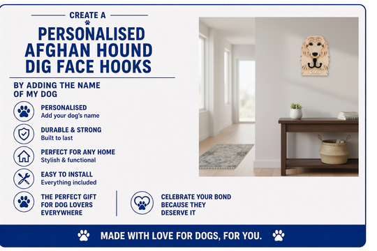 Advertisement for personalized Afghan Hound dig face hooks with a dog's face on a wall.