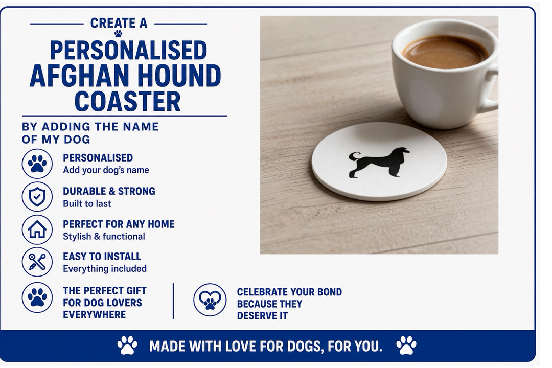 Personalised Afghan Hound coaster with a cup of coffee on a wooden surface