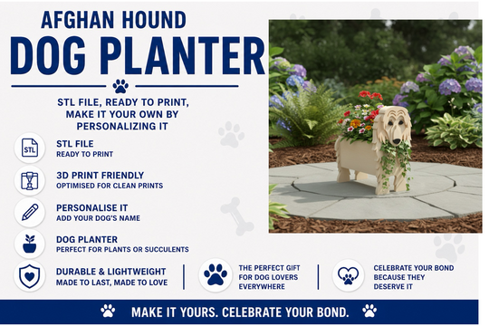 Dog planter with flowers on a white background, featuring text about customizable STL file for 3D printing.