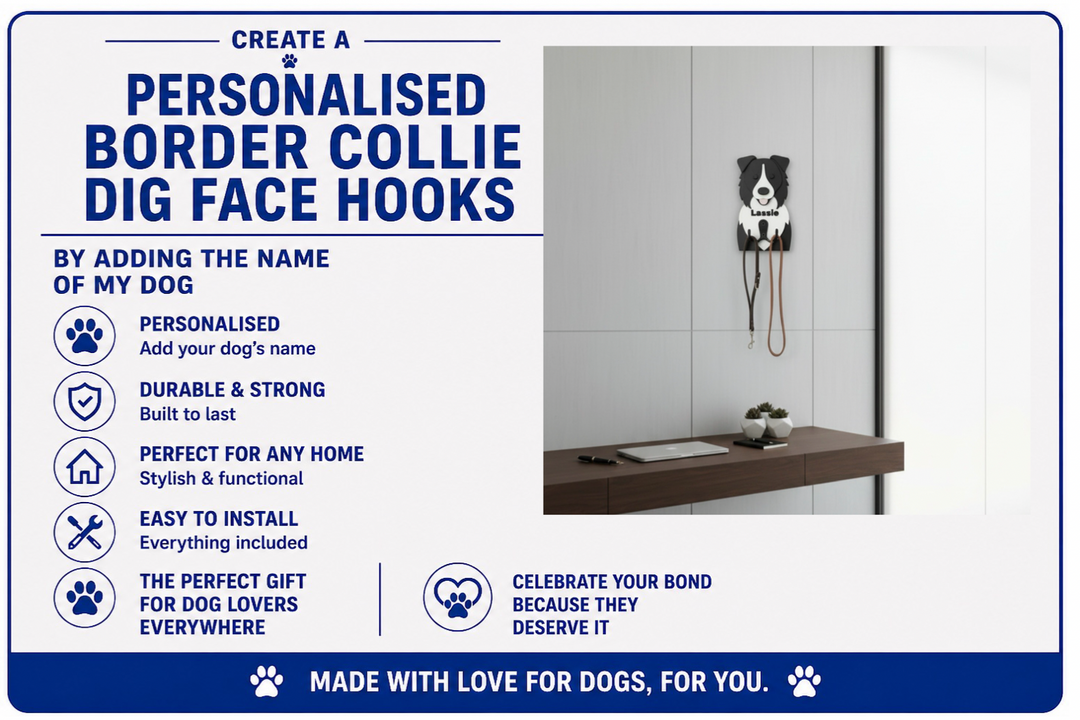 Advertisement for personalized Border Collie dog face hooks with product features listed.