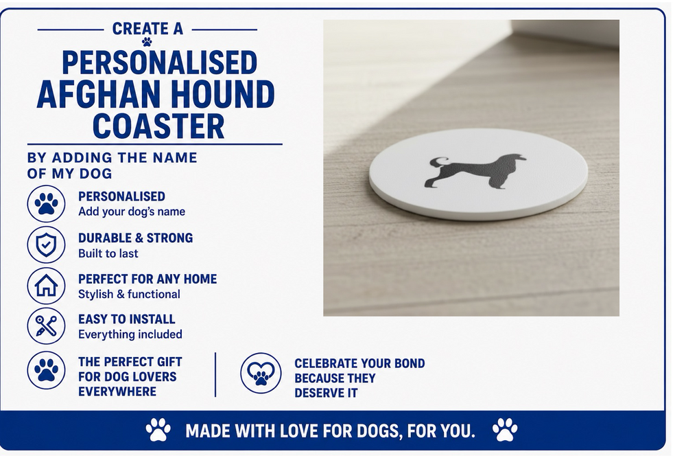 Personalised Afghan Hound coaster with text detailing features and customization options.