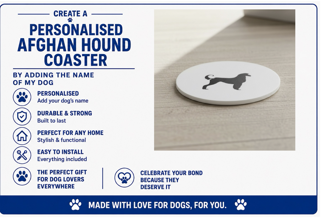Personalised Afghan Hound coaster with text detailing features and customization options.