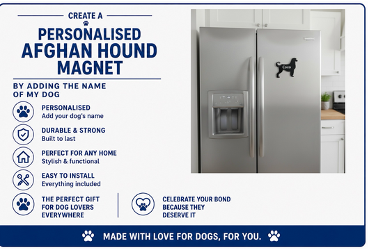 Advertisement for a personalized Afghan Hound magnet on a refrigerator with text detailing features and benefits.