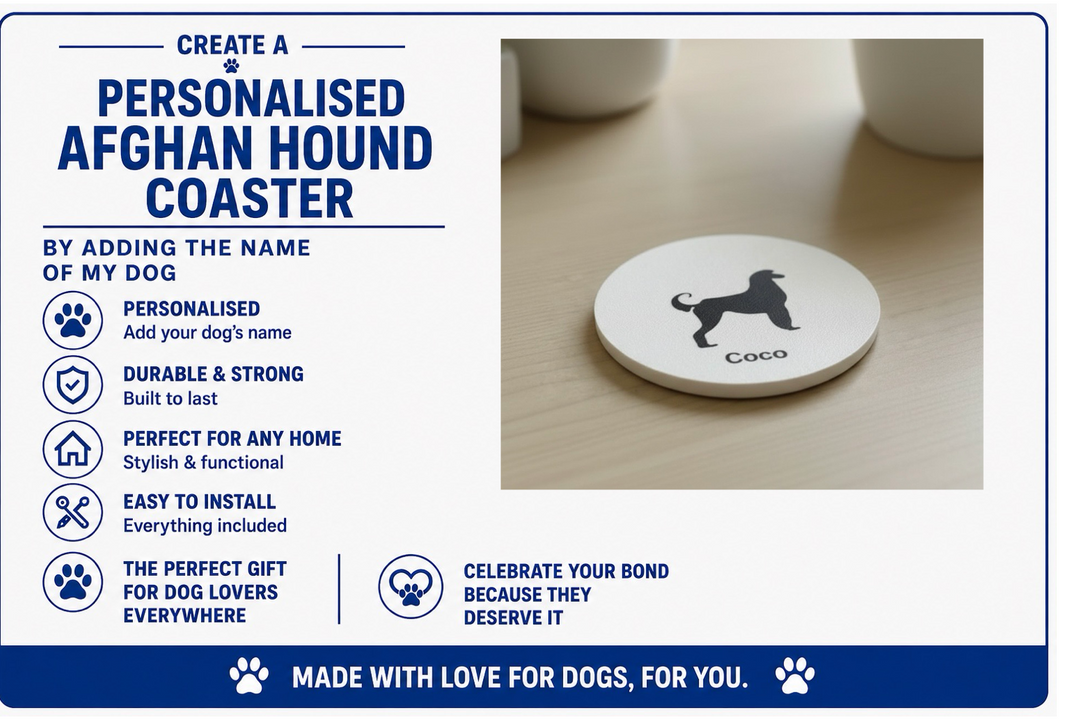Personalised Afghan Hound coaster with a cup of coffee on a wooden surface