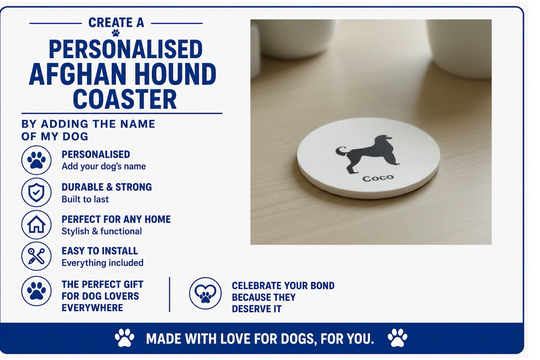 Personalised Afghan Hound coaster with a cup of coffee on a wooden surface
