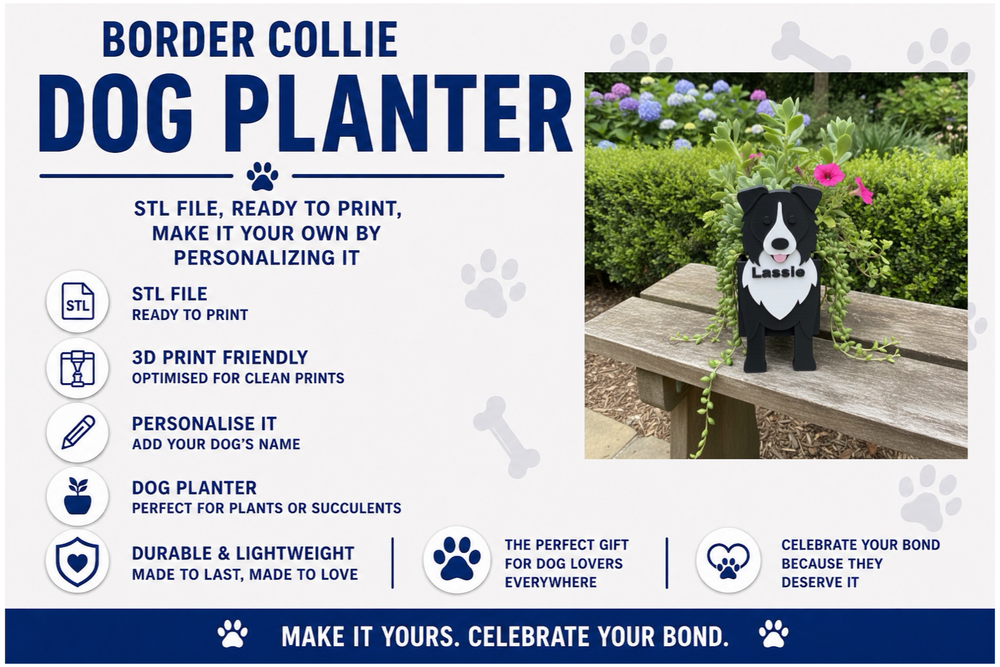 Advertisement for a Border Collie dog planter with product details and a sample planter on a bench.
