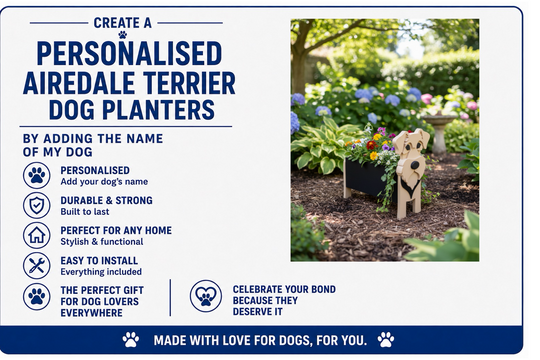 Advertisement for personalized Airedale Terrier dog planters with a photo of a planter and dog in a garden.