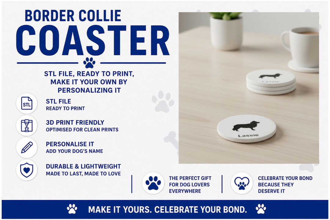 Advertisement for Border Collie coasters with text and product image on a white background