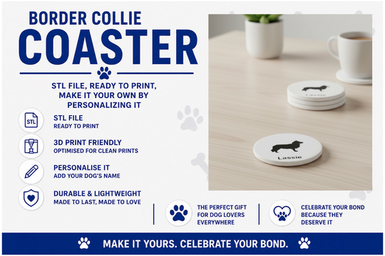 Advertisement for Border Collie coasters with text and product image on a white background