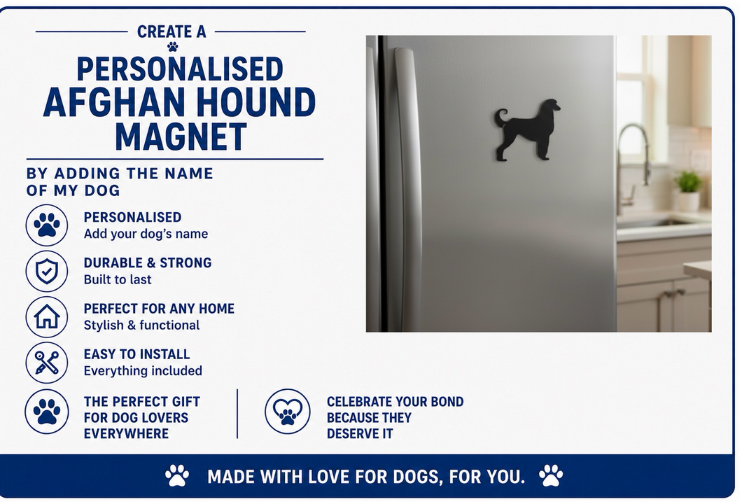 Advertisement for a personalized Afghan Hound magnet with product features and a kitchen setting.